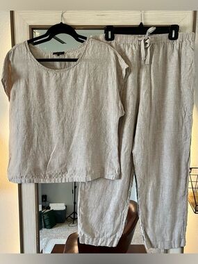 Quince 100% Linen Taupe tan Oatmeal Matching Set Shirt w Pants Straight Cut Sz L